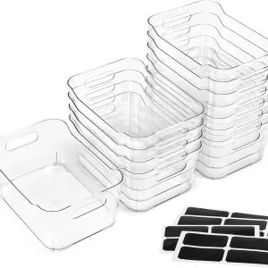 12 PACK Multi-Use Clear Plastic Storage Bins for Organizing w/ Labels - Home, Kitchen, Bathroom, Office, Pantry Cabinet Shelf Organizer Bins - SOHO Collection, RV, Fridge Organization Containers