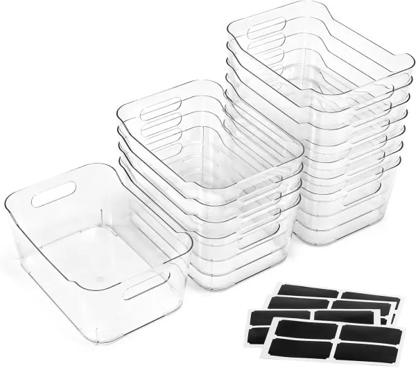 12 PACK Multi-Use Clear Plastic Storage Bins for Organizing w/ Labels - Home, Kitchen, Bathroom, Office, Pantry Cabinet Shelf Organizer Bins - SOHO Collection, RV, Fridge Organization Containers