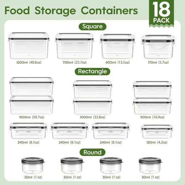 36-Piece Food Storage Containers with Lids(18 Containers & 18 Lids), Plastic Food Containers for Pantry & Kitchen Storage and Organization, BPA-Free, Leak Proof, Reusable with Labels & Pen - Image 2