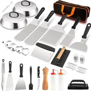 HaSteeL 25Pcs Griddle Accessories Kit, Stainless Steel Teppanyak Tools Set with Metal Spatulas, Melting Domes, Burger Press, Great for Flat Top Cooking Camping Outdoor BBQ, Heavy Duty & Easy to Clean