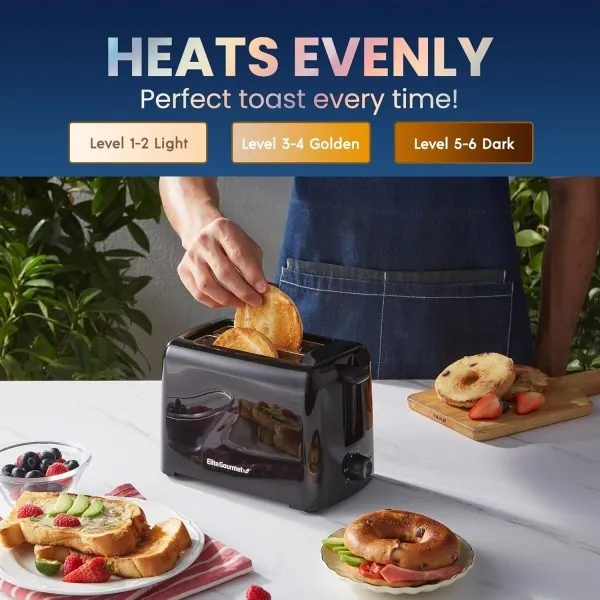 Elite Gourmet ECT1027B Cool Touch Toaster with 6 Temperature Settings & Extra Wide 1.25" Slots for Bagels, Waffles, Specialty Breads, Puff Pastry, Snacks, ETL Certified, 2 Slices, Black - Image 2