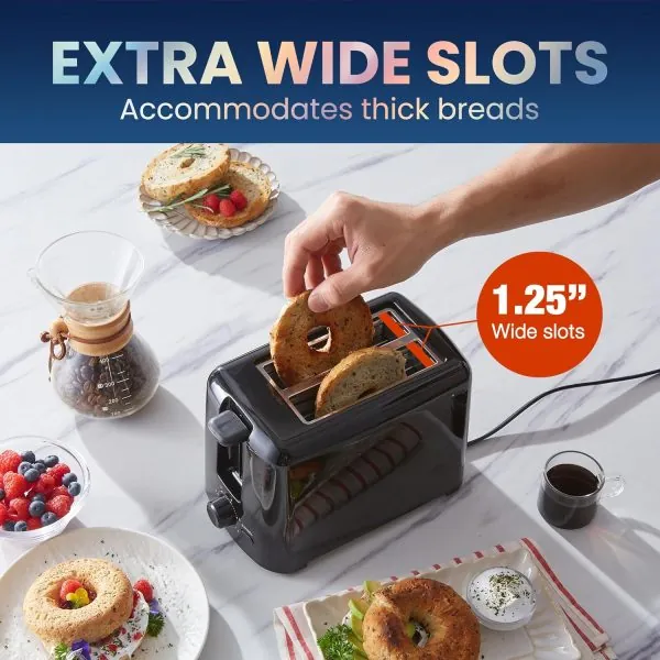 Elite Gourmet ECT1027B Cool Touch Toaster with 6 Temperature Settings & Extra Wide 1.25" Slots for Bagels, Waffles, Specialty Breads, Puff Pastry, Snacks, ETL Certified, 2 Slices, Black - Image 3