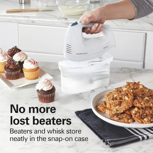 Hamilton Beach 6-Speed Electric Hand Mixer with Whisk, Traditional Beaters, Snap-On Storage Case, 250 Watts, White - Image 2