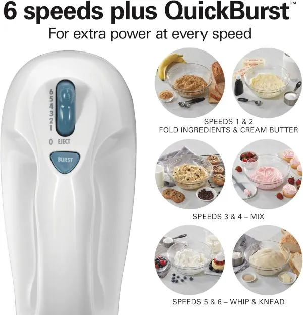 Hamilton Beach 6-Speed Electric Hand Mixer with Whisk, Traditional Beaters, Snap-On Storage Case, 250 Watts, White - Image 3