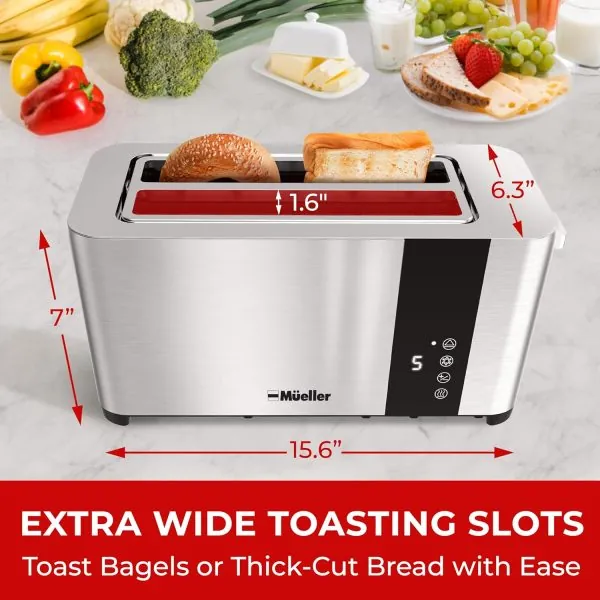 Mueller UltraToast Full Stainless Steel Toaster 4 Slice, Long Extra-Wide Slots with Removable Tray, Cancel/Defrost/Reheat Functions, 6 Browning Levels with LED Display, Kitchen Essentials & Gadgets - Image 2