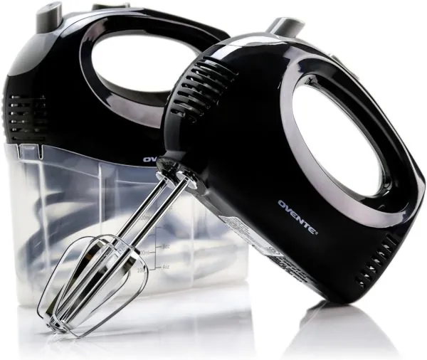 OVENTE Portable 5 Speed Mixing Electric Hand Mixer with Stainless Steel Whisk Beater Attachments & Snap Storage Case, Compact Lightweight 150 Watt Powerful Blender for Baking & Cooking, Black HM151B