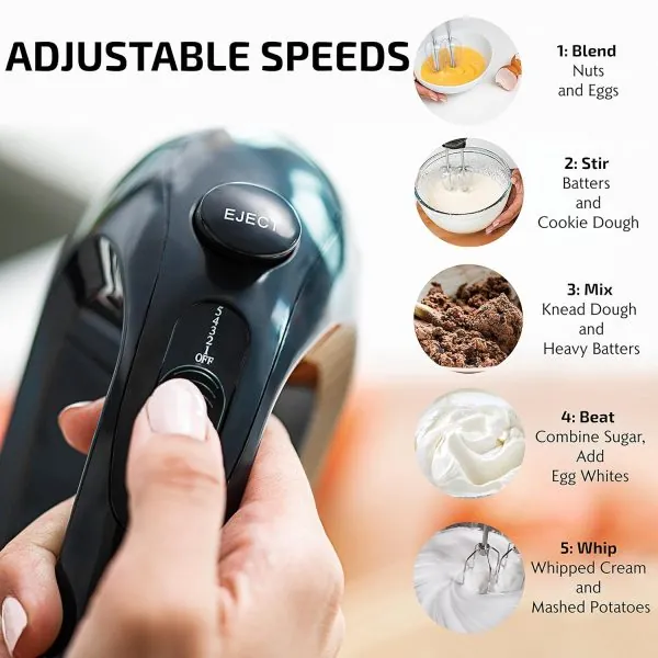 OVENTE Portable 5 Speed Mixing Electric Hand Mixer with Stainless Steel Whisk Beater Attachments & Snap Storage Case, Compact Lightweight 150 Watt Powerful Blender for Baking & Cooking, Black HM151B - Image 3