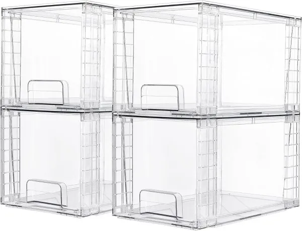 Vtopmart 4 Pack Large Stackable Storage Drawers,Easily Assemble Acrylic Bathroom Closet Undersink Organizers and Storage,Plastic Storage Bins for Kitchen Cabinets,Pantry,Makeup,Medicine Organization